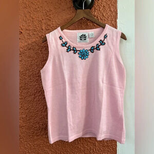 Storybook Knits Artisan Tank Top Sweater Vest Size Small Embroidered Pink Blue